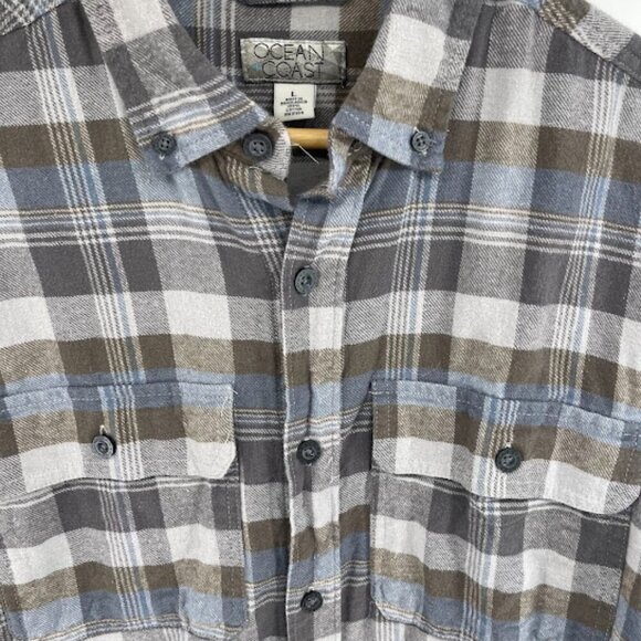 Ocean + Coast Plaid Flannel Men's Shirt Gray/Blue Long Sleeve Button Down - Picture 2 of 6